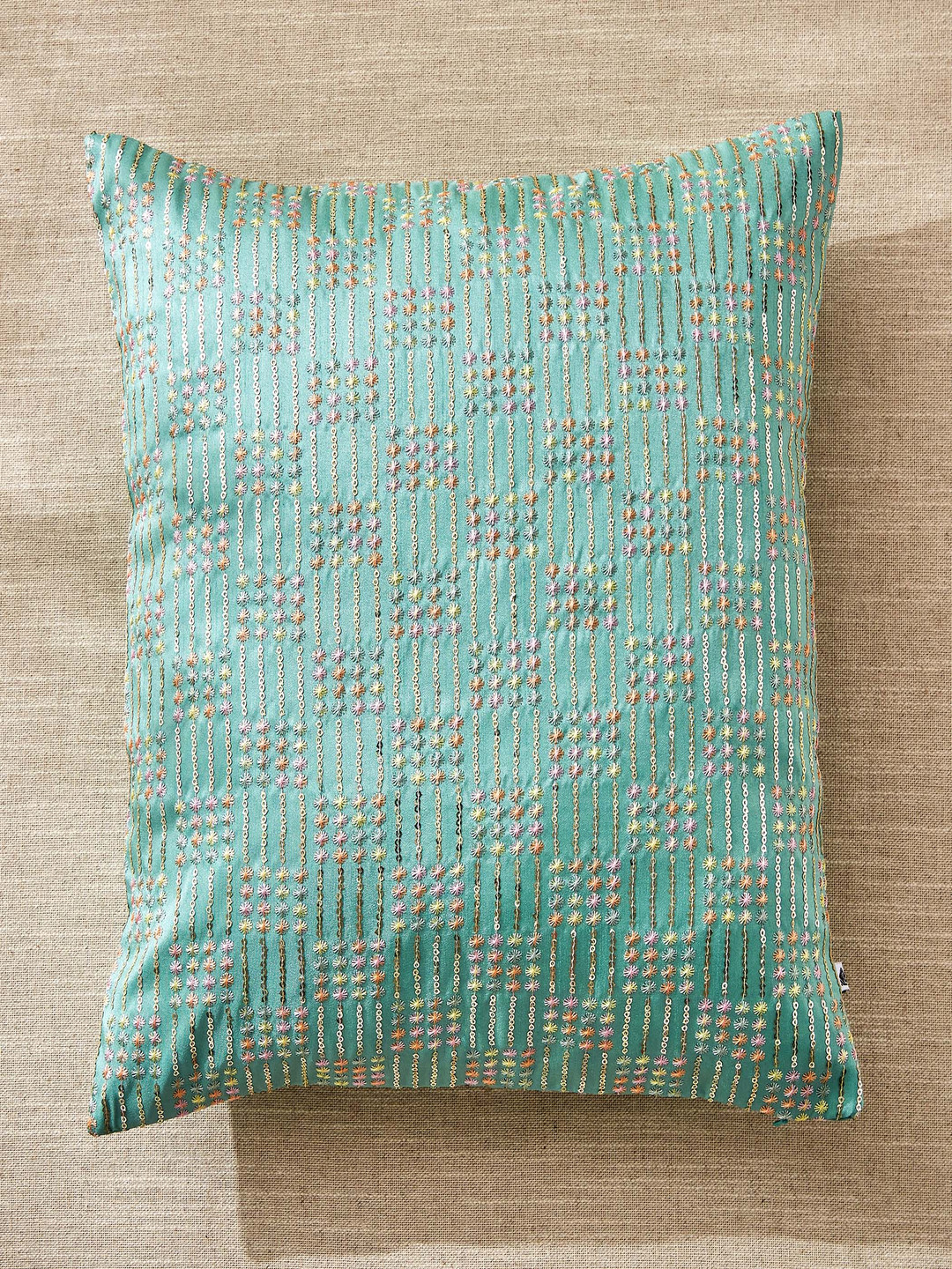 Home Centre Velour Green Embroidered Square Cushion Covers