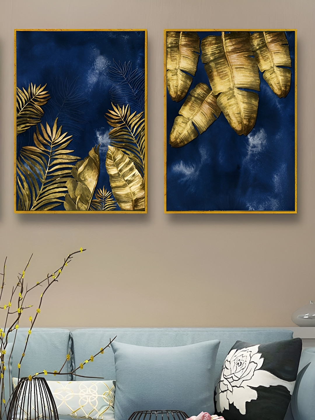 Myntra Elegant Homes Blue 2Pcs Leaves Landscape Diamond Floral & Botanical Canvas Wall Art