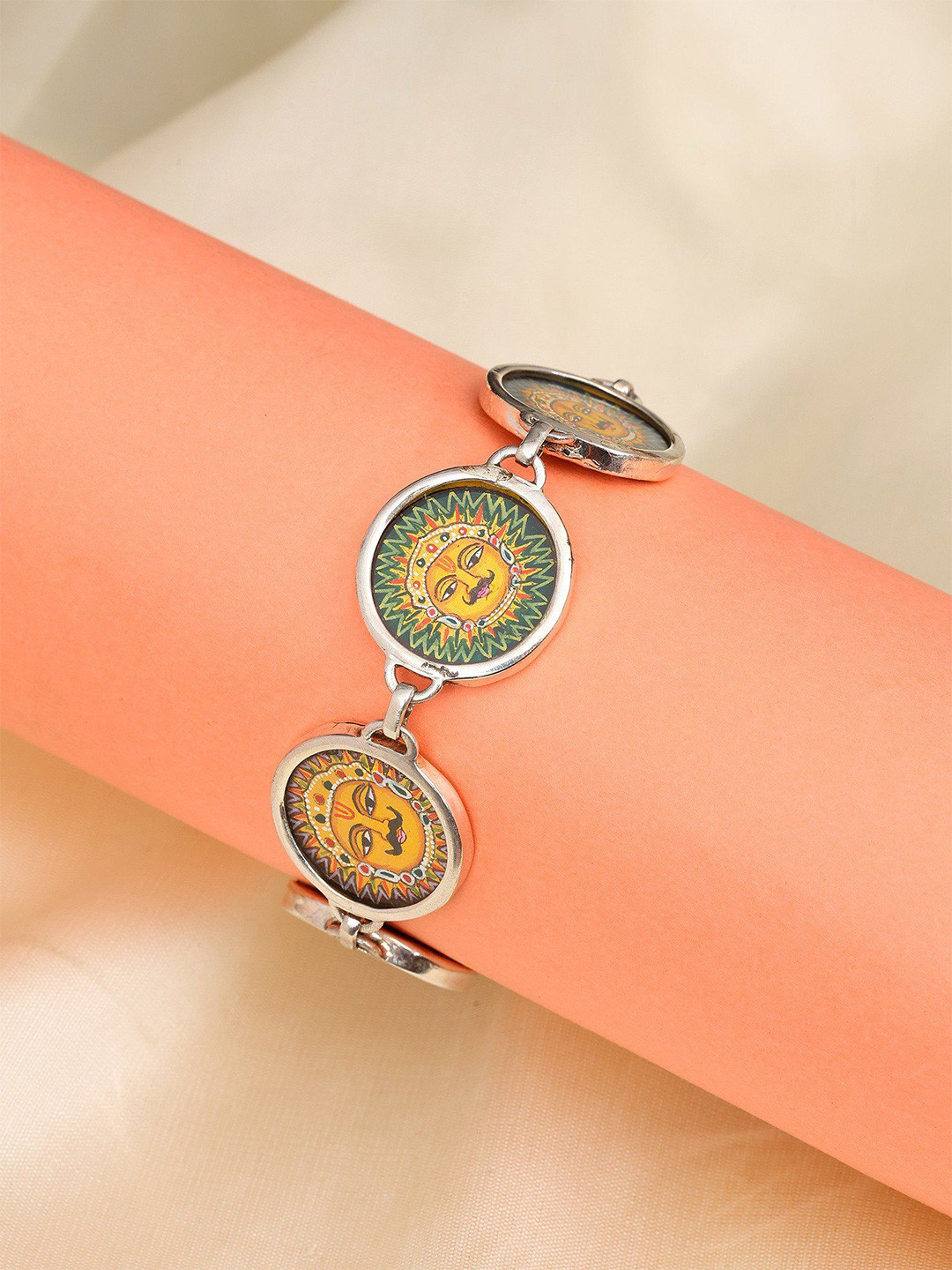 Exotic India Sterling Silver Hand-Painted Lord Surya Wraparound Bracelet