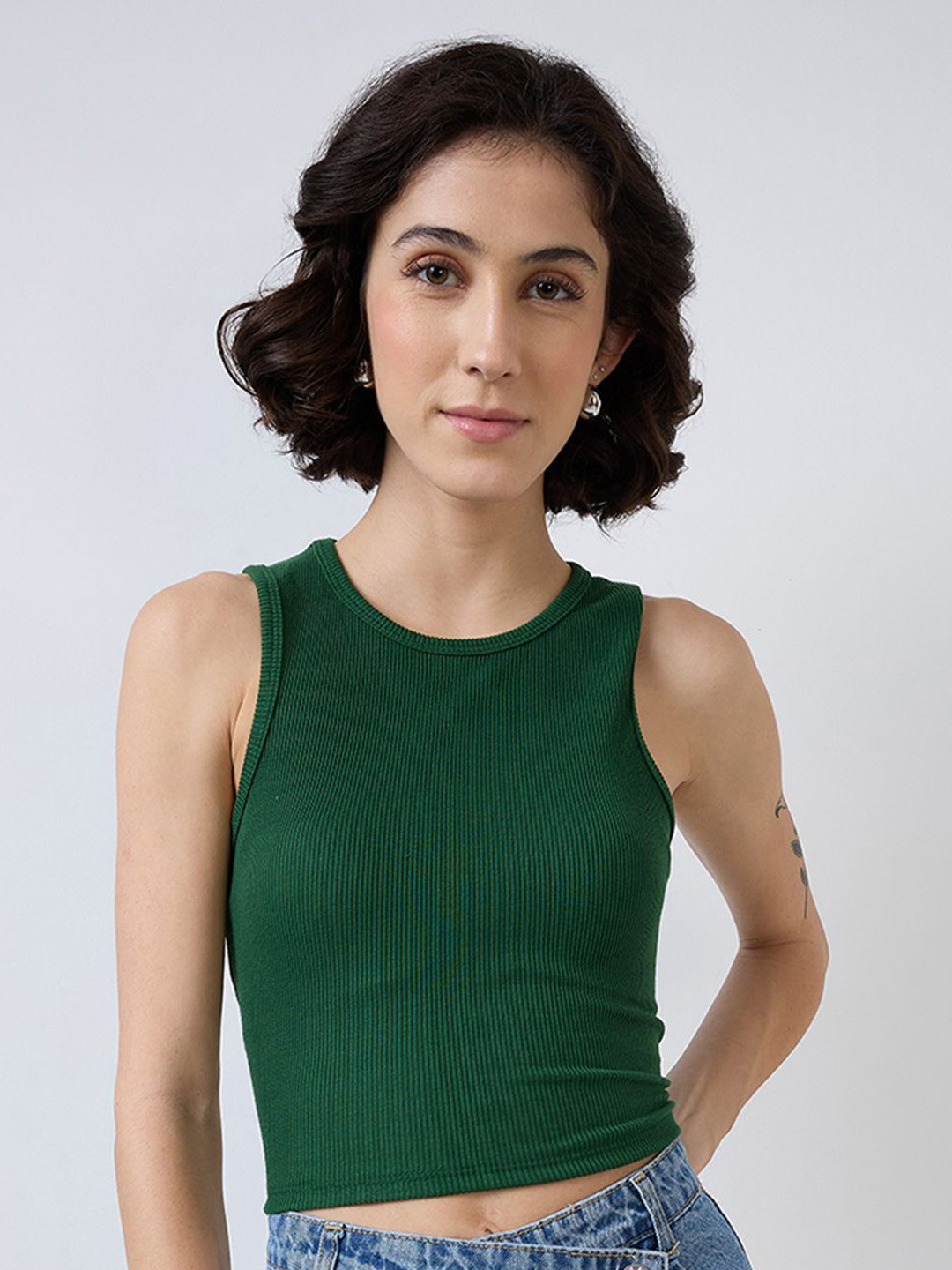 SZN Green Ribbed Sleeveless Crop Top - Casual Wear