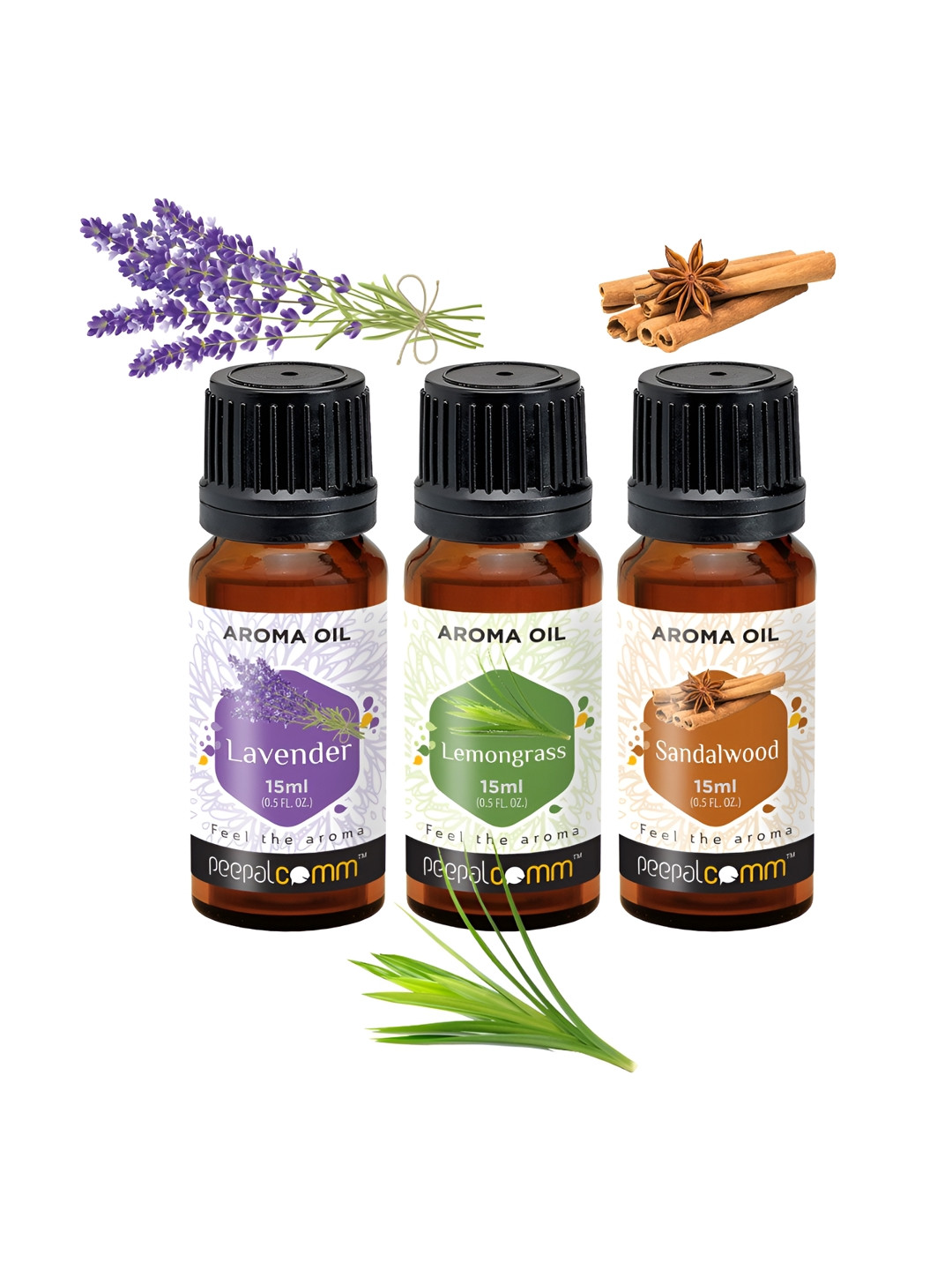 PEEPALCOMM Set Of 3 Black Lavender Lemon & Sandalwood Aroma Oils - 15 ml