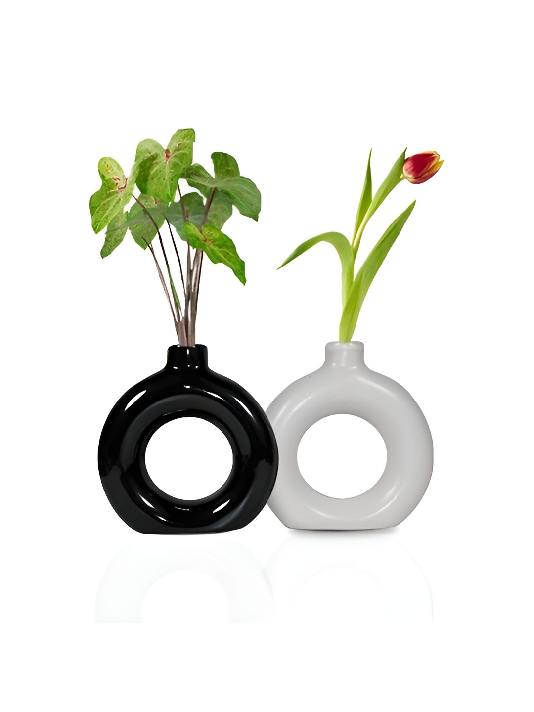 Art Street 2-Pcs Black & White Ceramic Donut Design Decorative Flower Vases