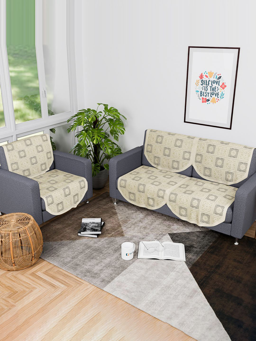 Kuber Industries Cream-Coloured & Grey 6 Pieces Printed Cotton 3 Seater Sofa Covers