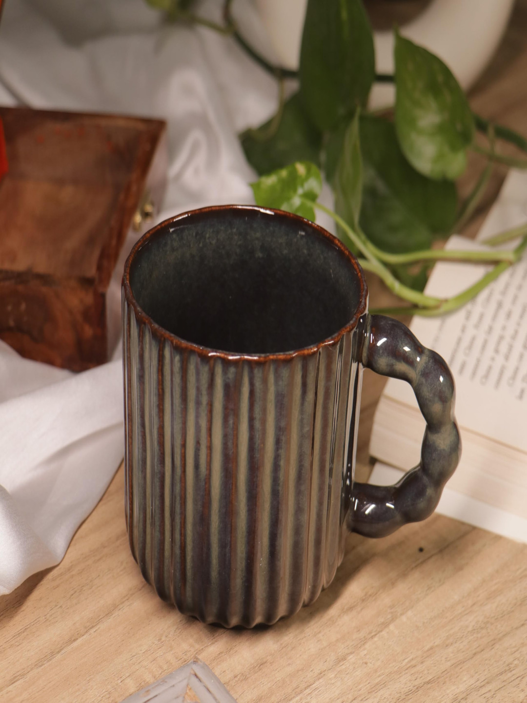 Rare Planet 2 Pieces Brown & Beige Striped Glossy Microwave Safe Ceramic Coffee Mugs