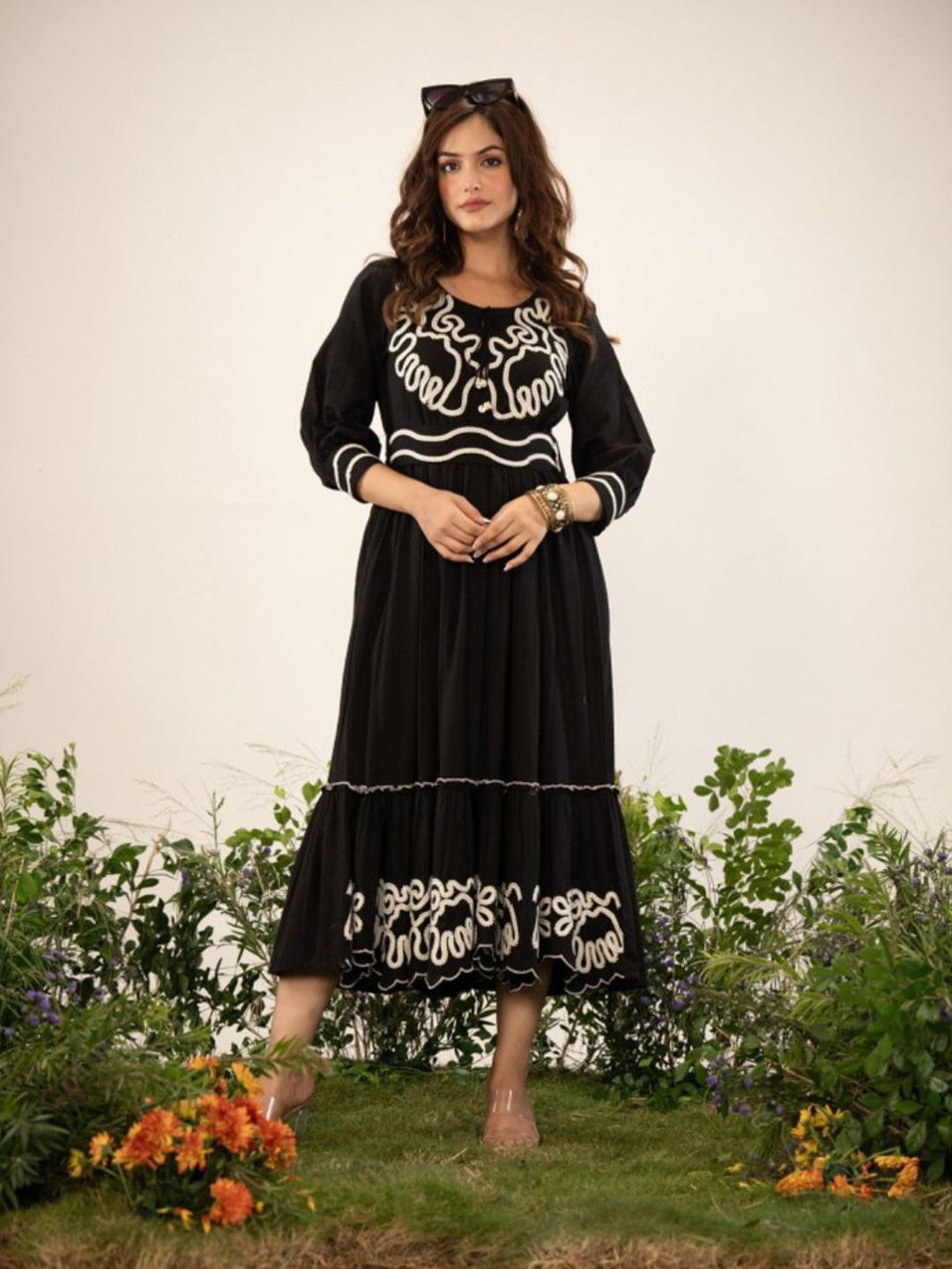 Zolo Label Women Designer Black Cotton Embroidery Maxi Dresses