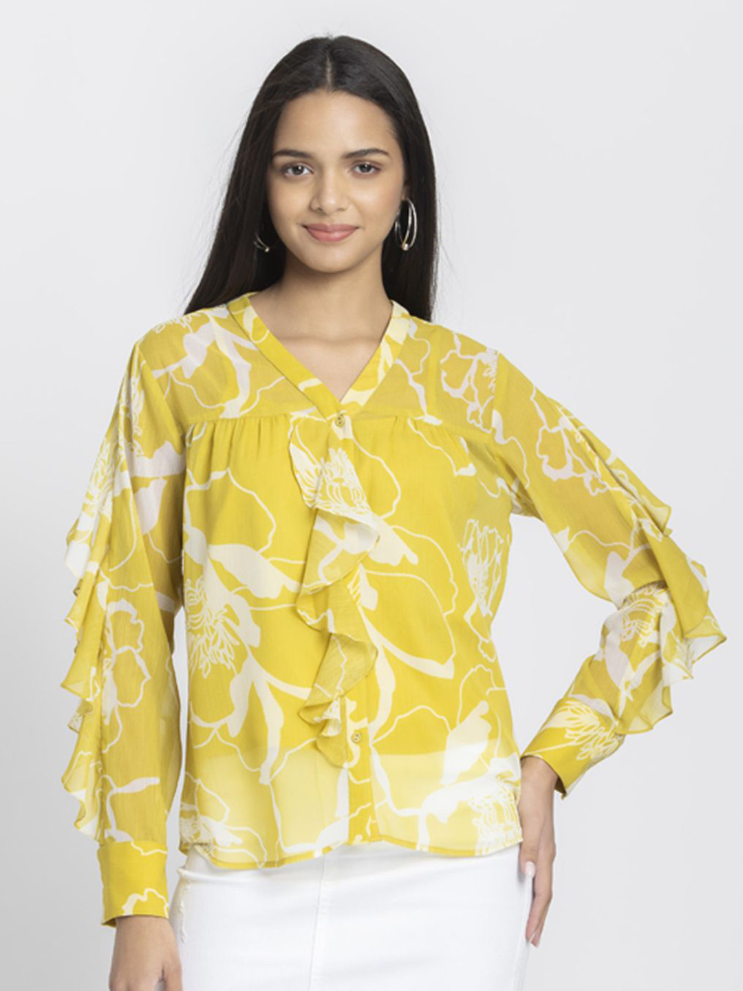 SHAYE V-Neck Floral Printed Full Sleeves Casual Tops With Cami