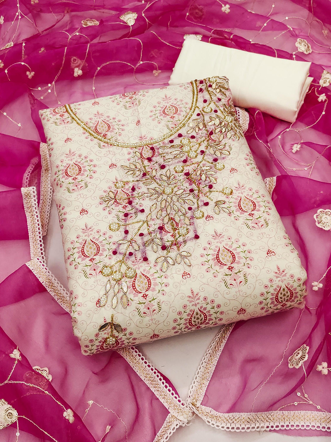 SAINOOR Sai Floral Printed Beads & Stones Modal Cotton Unstitched Dress Material