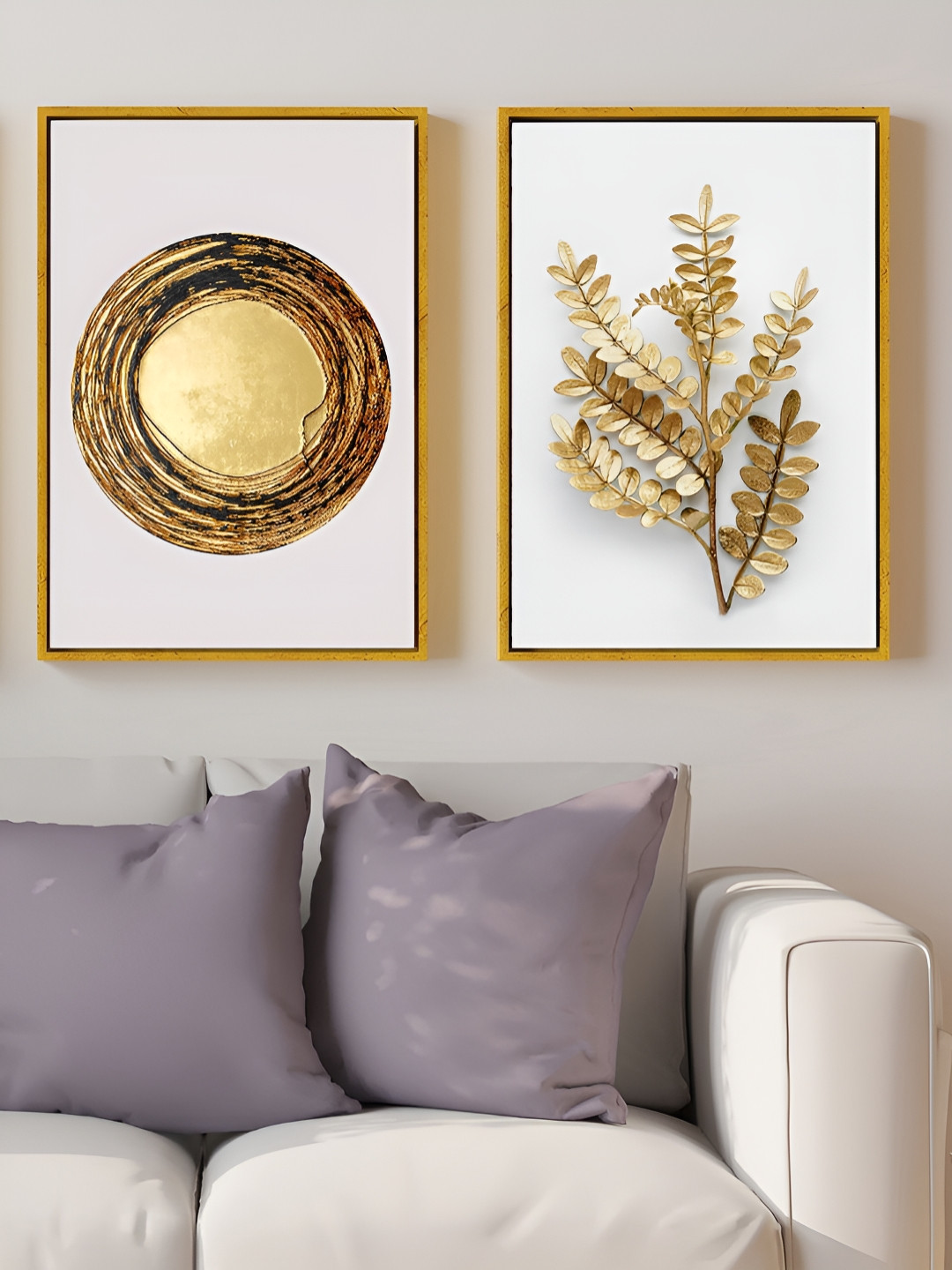 Myntra Elegant Homes Gold-Toned & White 2 Pieces Abstract Modern Leaf Canvas Wall Art