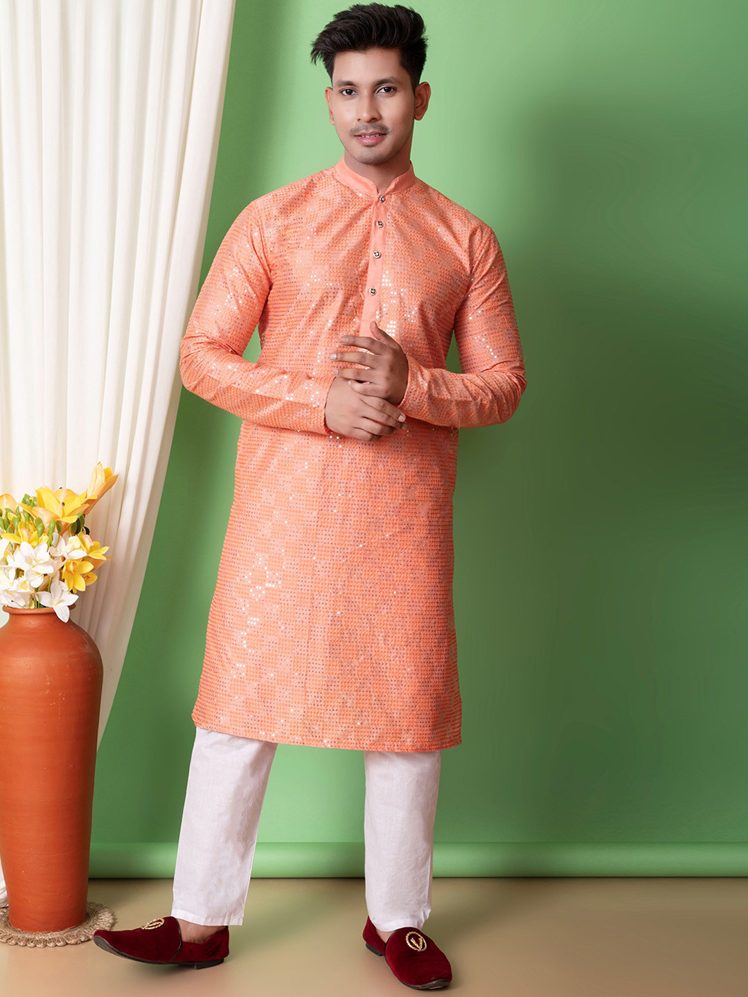 NFC CREATION Embroidered Mandarin Collar Straight Sequinned Dupion Silk Kurta With Pyjamas