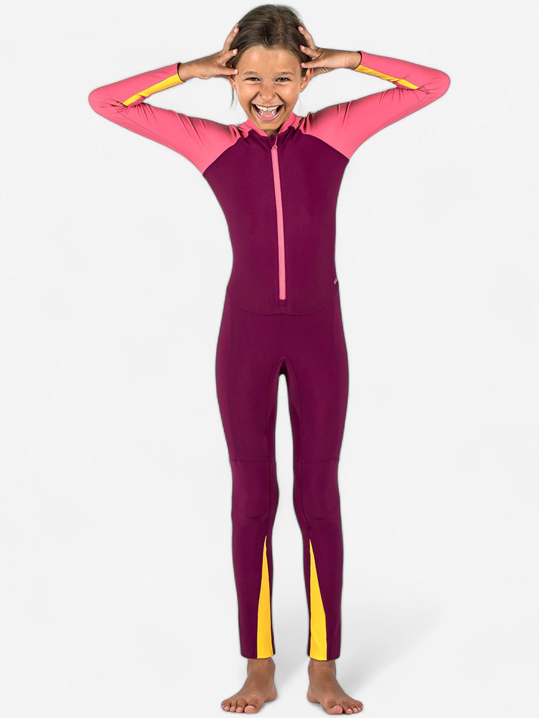 Decathlon  Girls Maroon Front-Zip UV Protected Swimsuit with Full Coverage