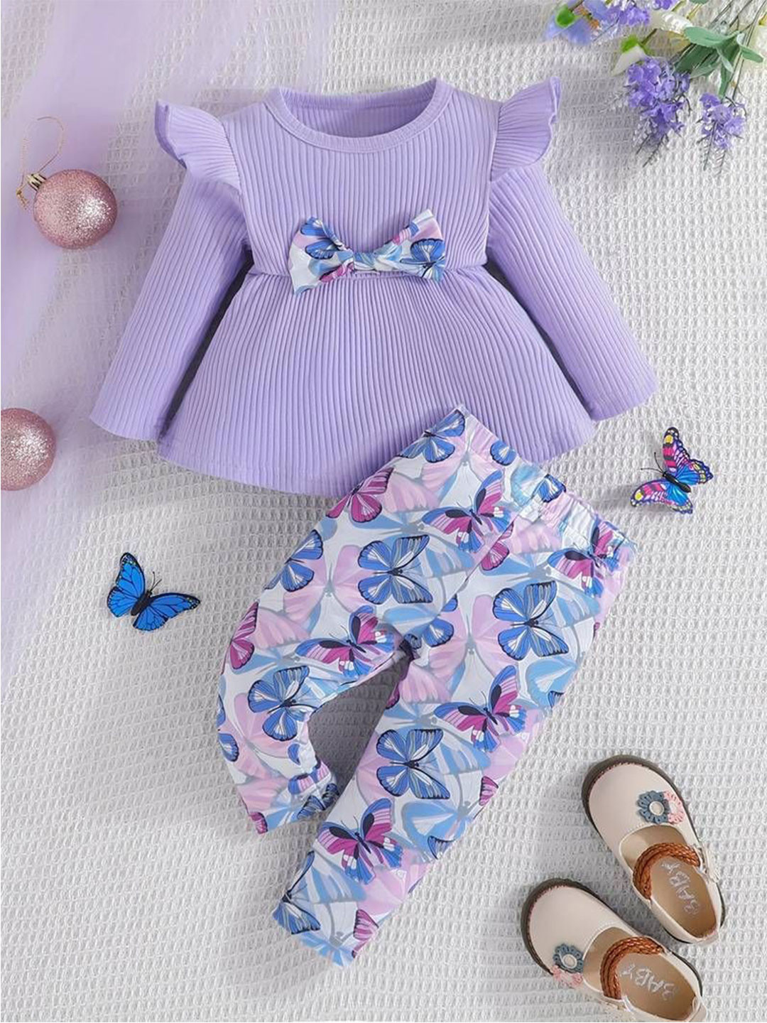 AVOVU Girls Floral Printed Round Neck Bow Top And Trouser