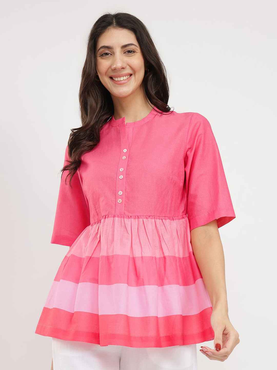 Pink Fort Striped Cotton Boxy Longline Top