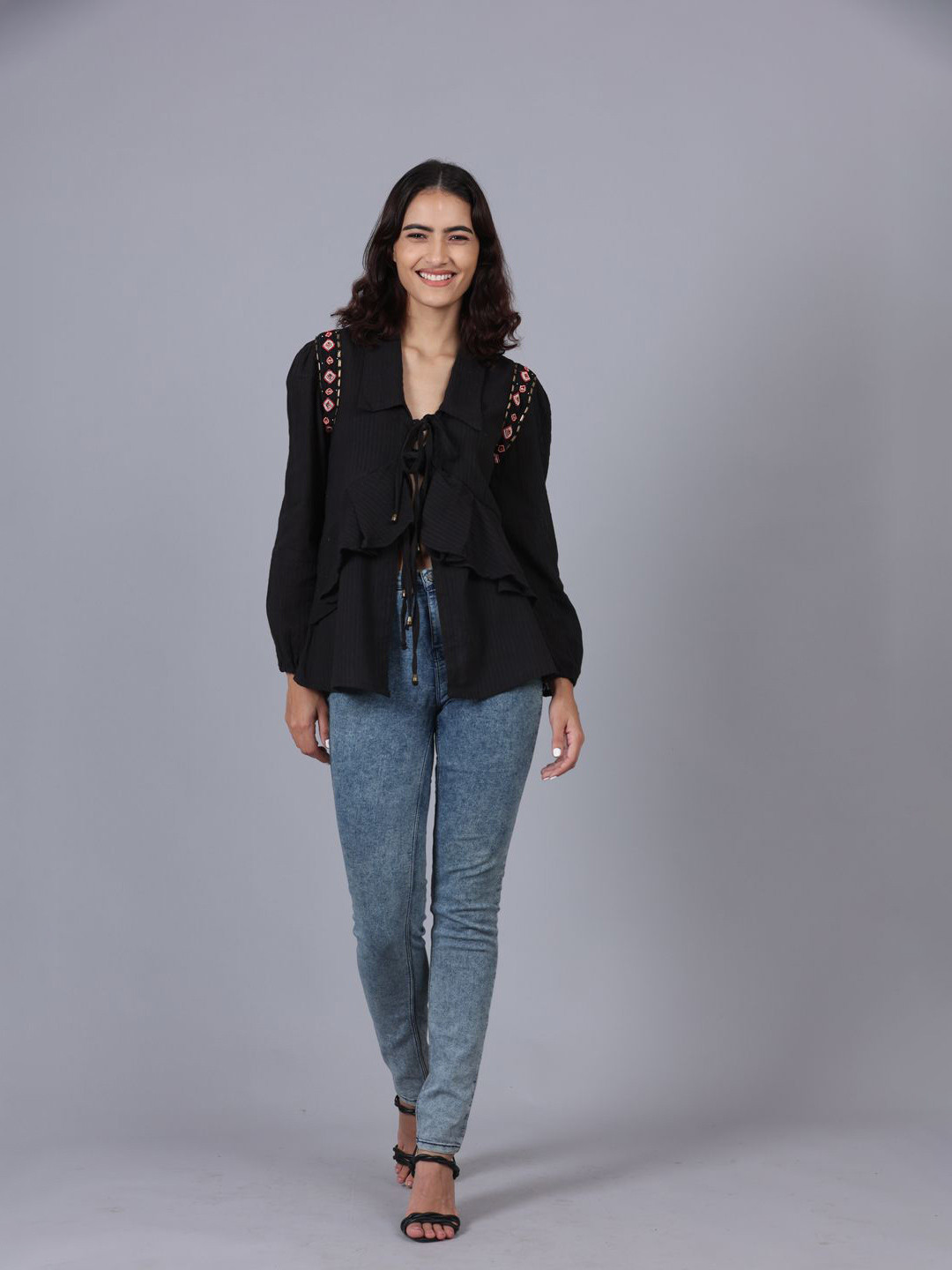 POPPIES LANE Charcoal Black Embroidered Top