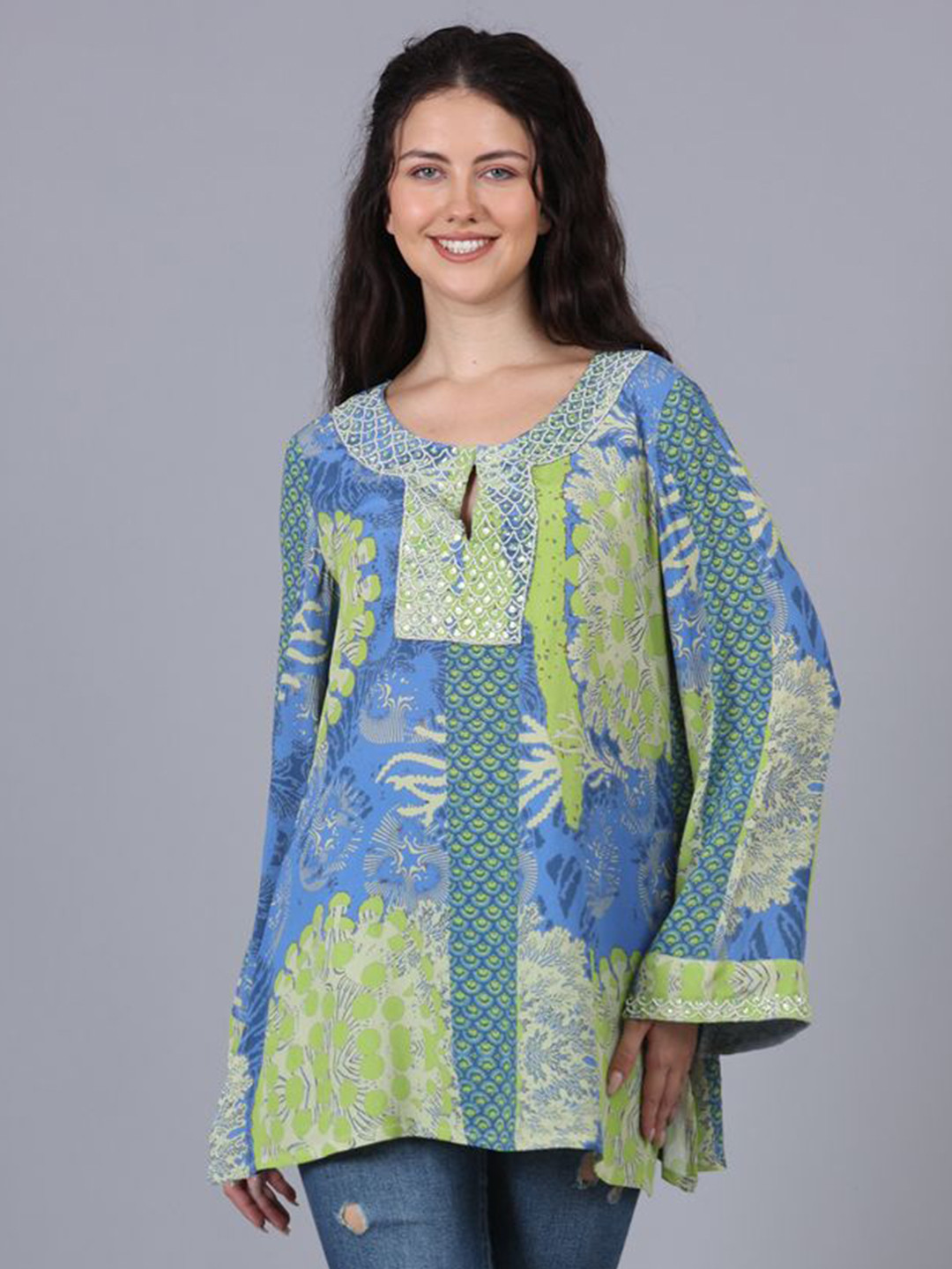 POPPIES LANE Blue And Neon Green Bead Work Printed Top