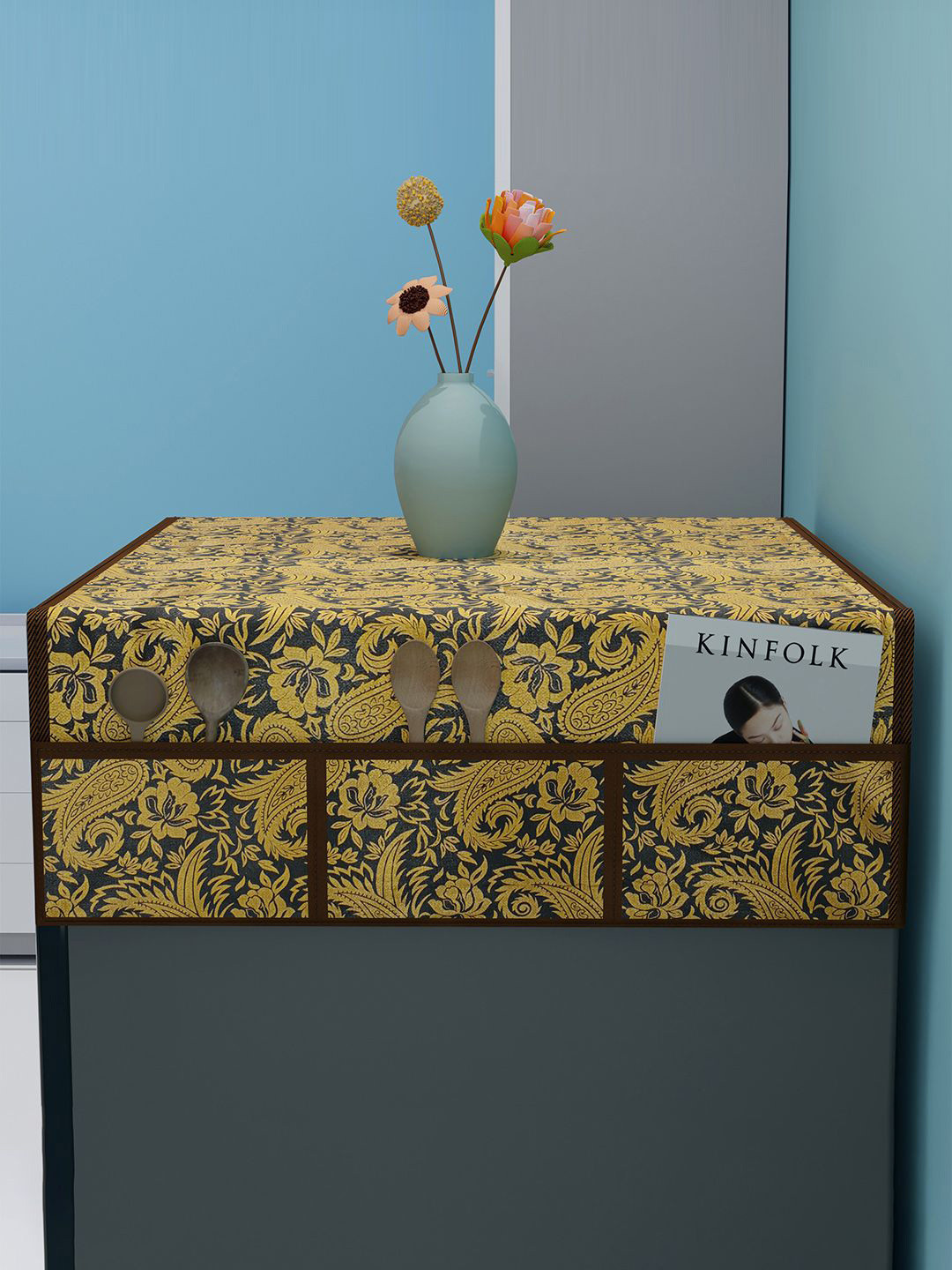 Kuber Industries Black & Yellow Printed Waterproof Appliance  Fridge Cover With 6 Pockets