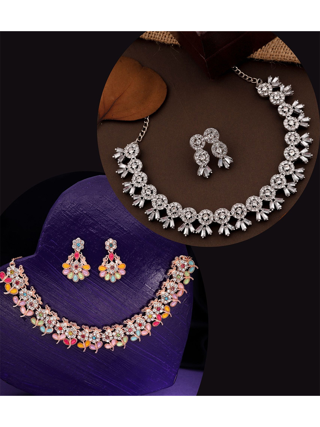 DIVASTRI Pahal Set Of 2 Silver-Plated & Rose Gold-Plated AD Studded Jewellery Set
