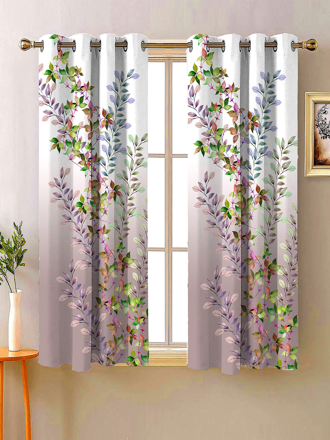 Steve & Anderson Bliss White And Purple 2 Peices Printed Window Curtains (5 Feet)