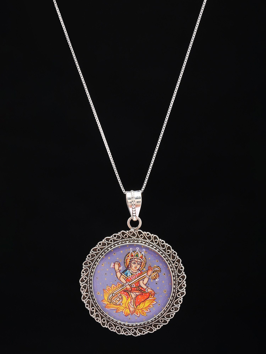 Exotic India Round Shape Hand-Painted Goddess Saraswati Pendant in Sterling Silver