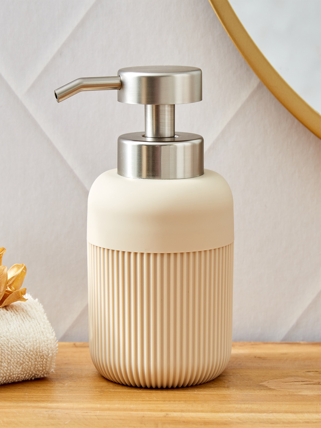Home Centre Beige Striped Matte Plastic Soap Dispenser-450ml