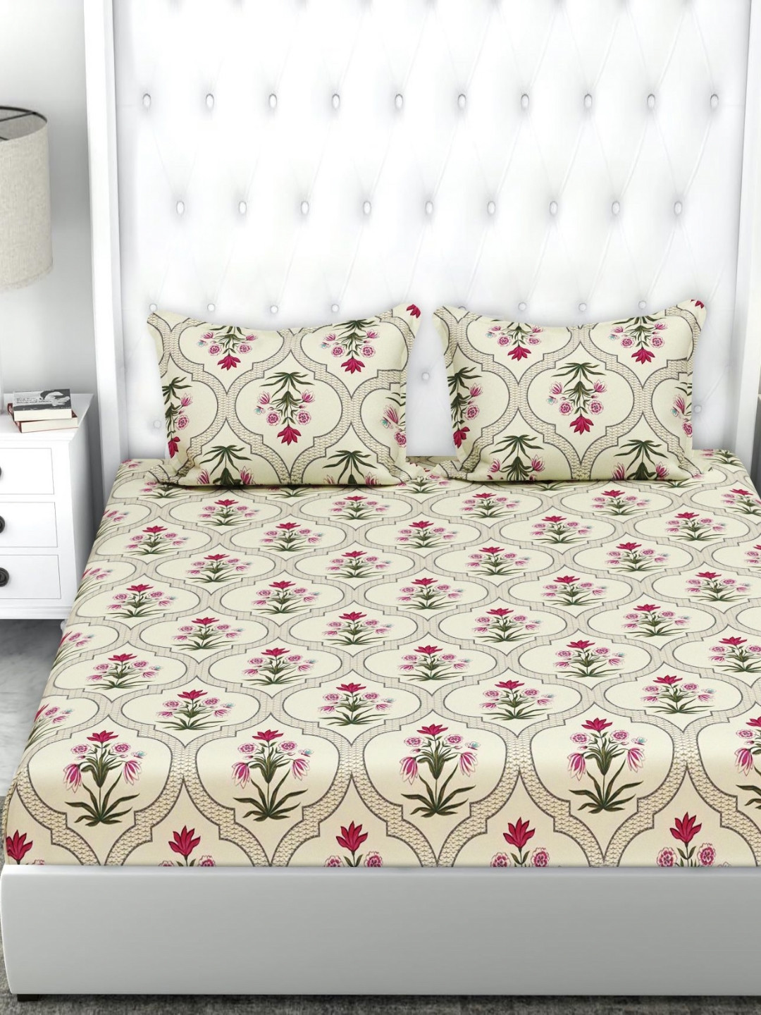 bsb home Valancia New Collection Cream Floral Microfiber Breathable 210 TC Queen Bedsheet with 2 Pillow Covers-90 x 87 inches