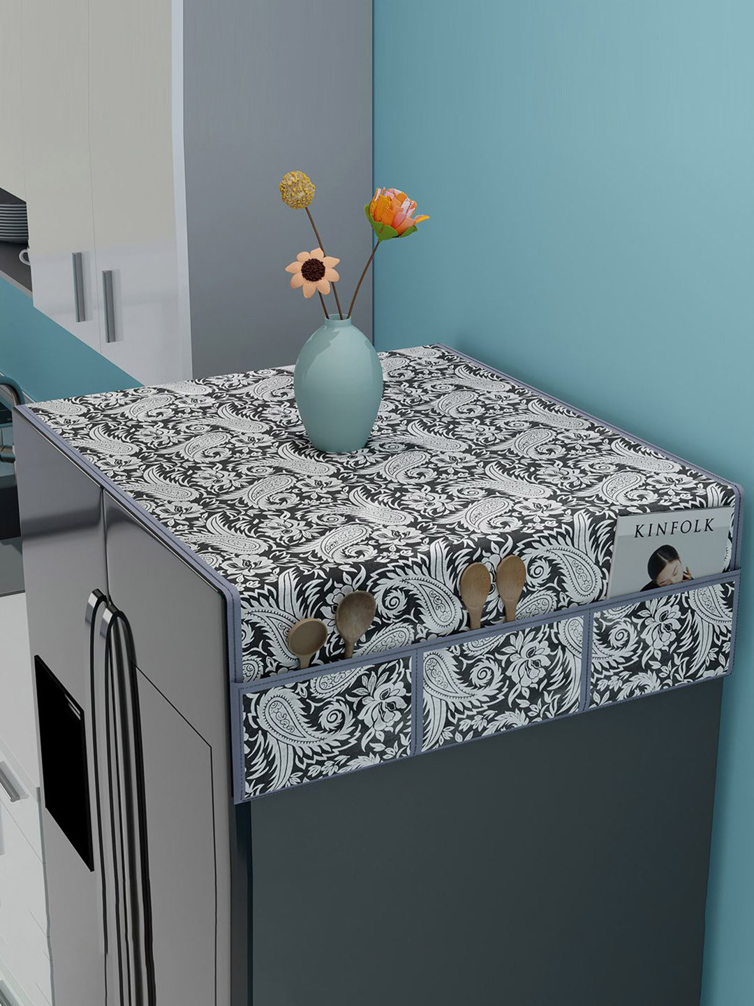 Kuber Industries Black & White Printed Waterproof Appliance  Fridge Cover With 6 Pockets