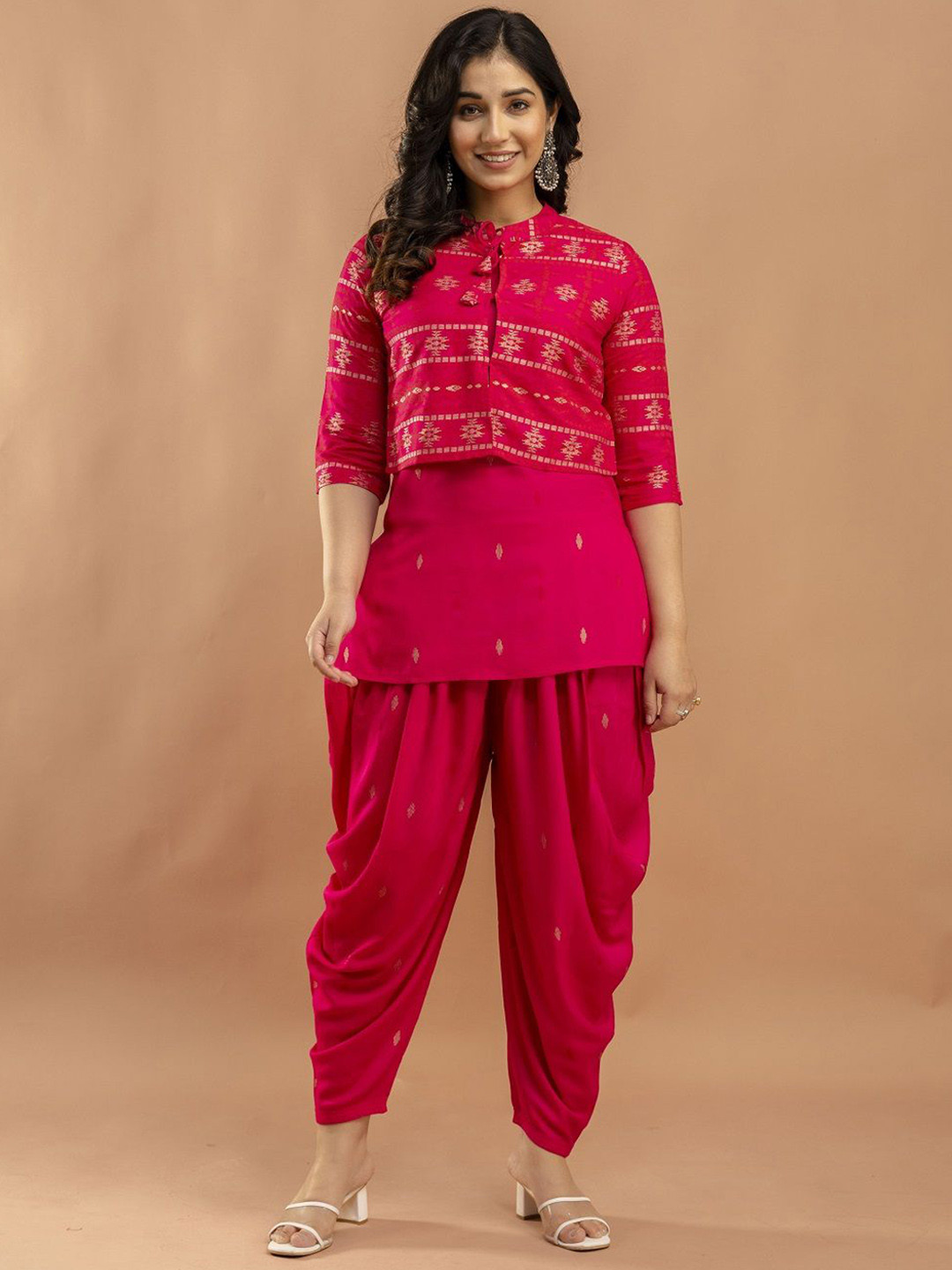 SHEESHAM Floral Printed Round Neck Short Kurti with Dhoti Pants And Jacket