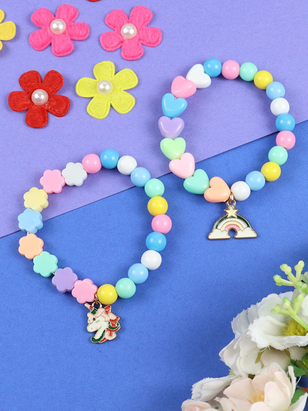 Asthetika Kids Girls Set Of 2 Artificial Beaded Unicorn Rainbow Charm Bracelet