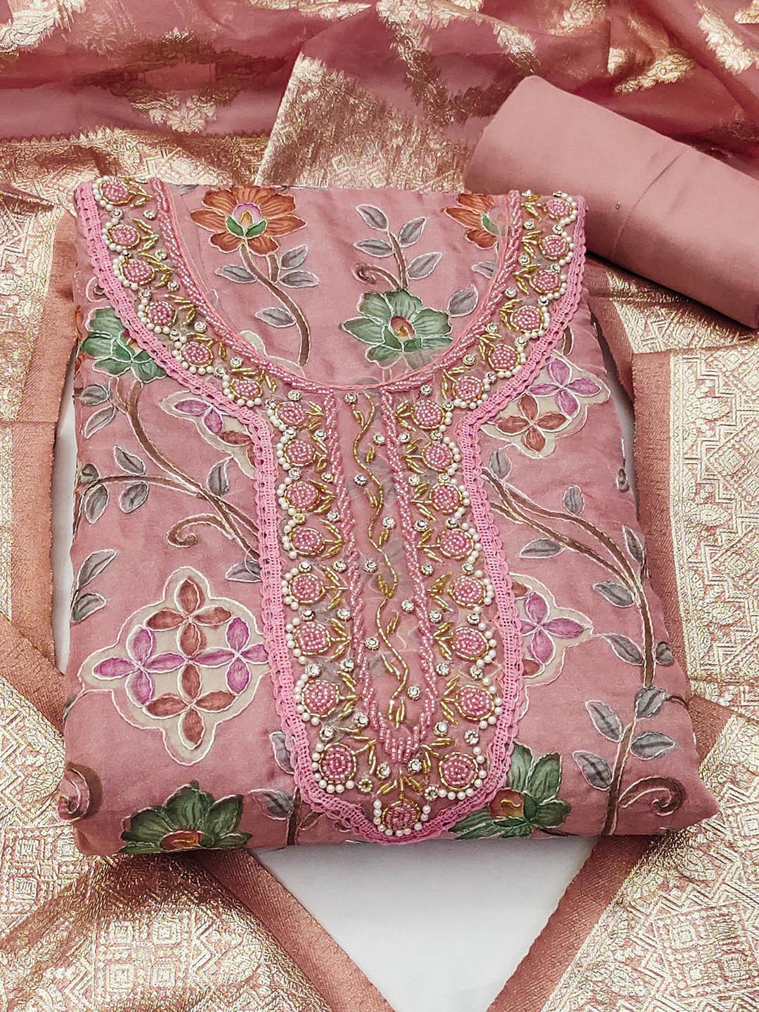 SAINOOR Floral Embroidered Beads & Stones Organza Semi-Stiched Dress Material