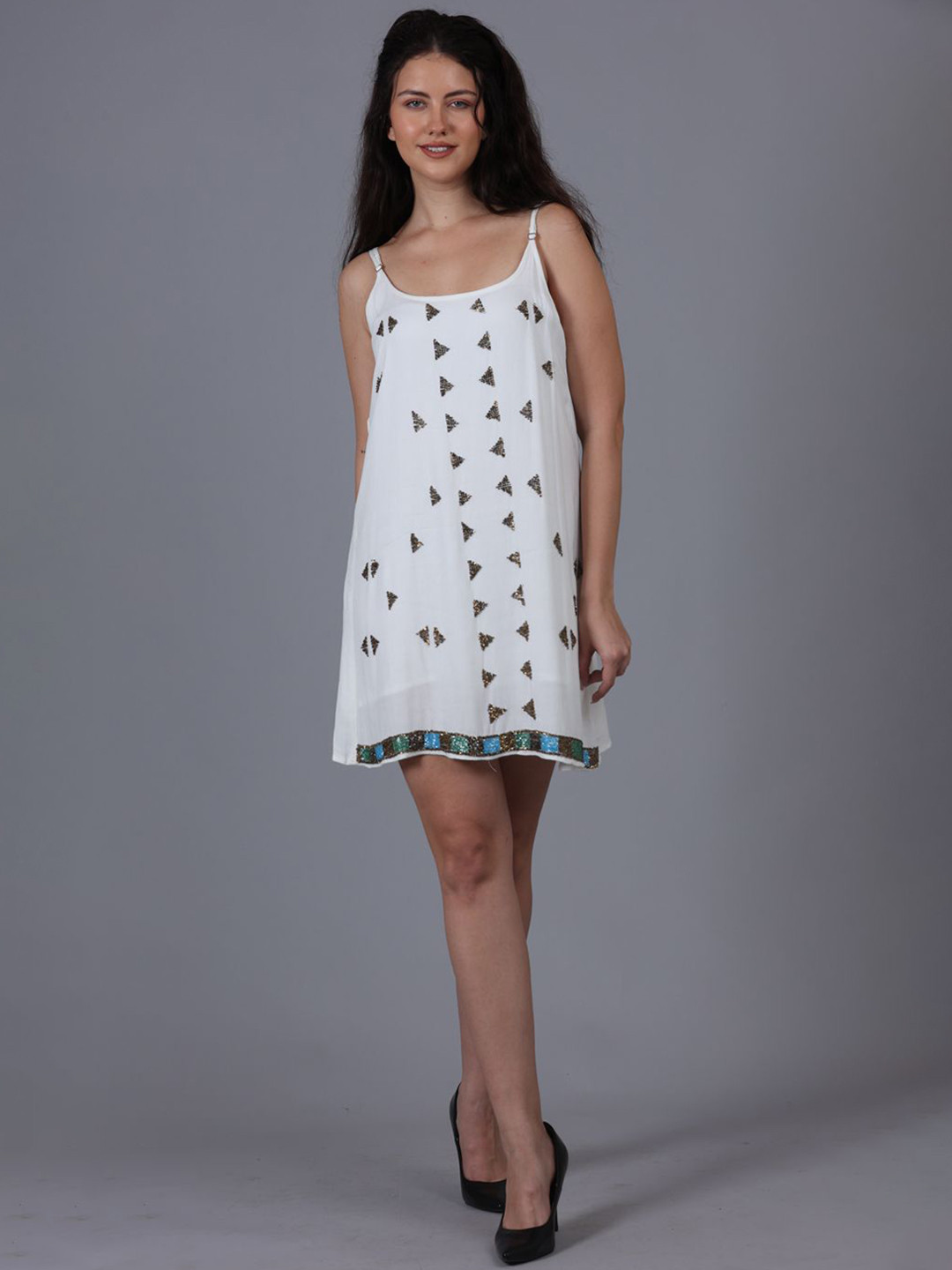 POPPIES LANE Moon White Beaded Strap Dress