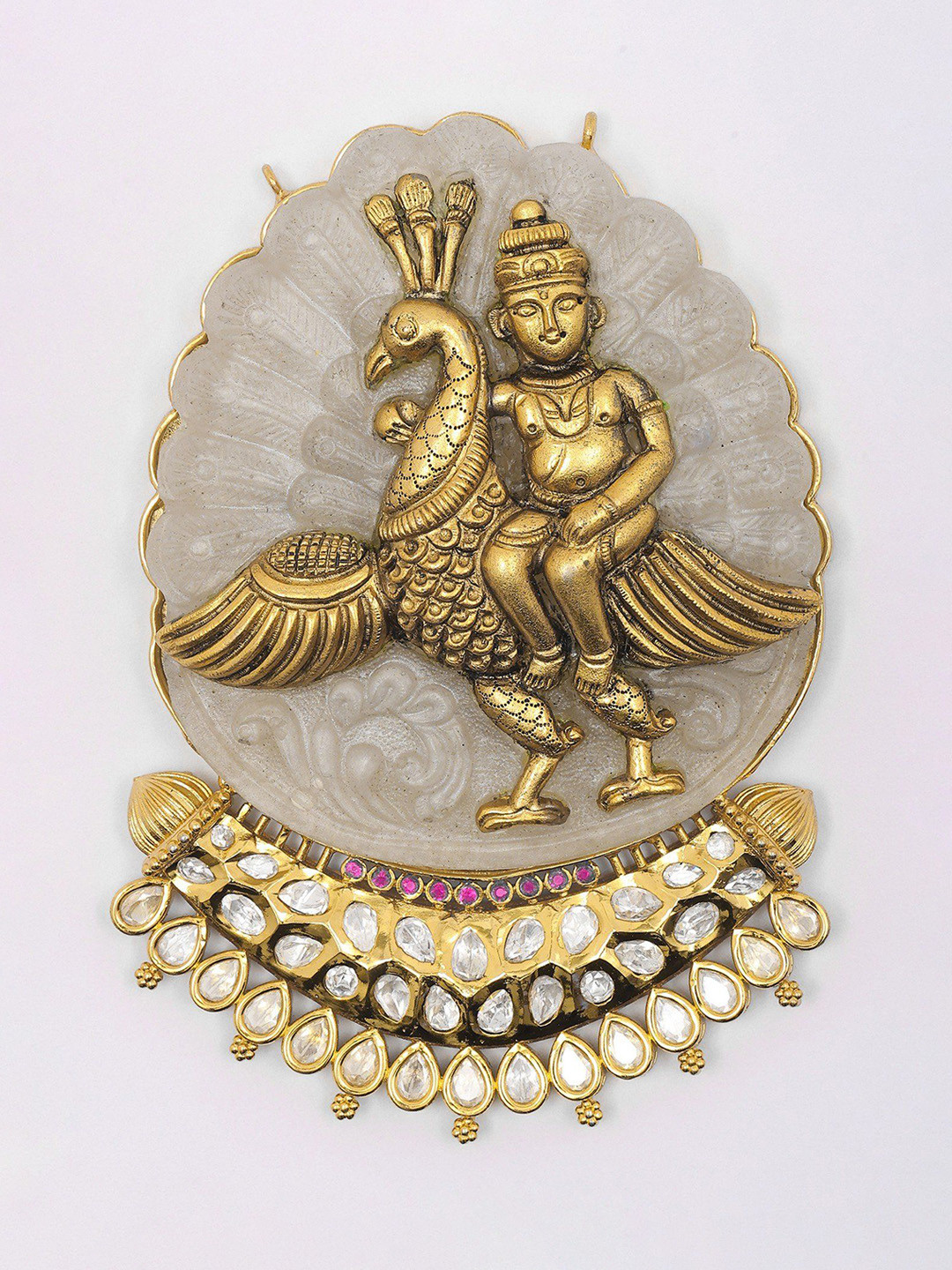 Exotic India Kundan Studded Lord Kartikeya Pendant in Sterling Silver