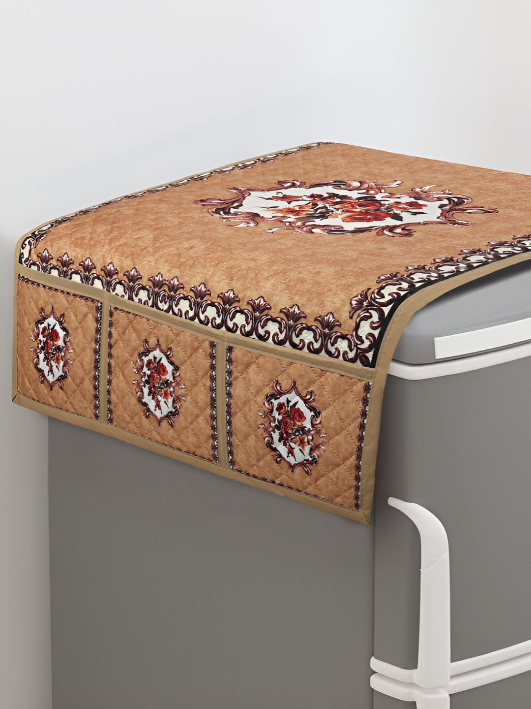 Dakshya Industries Beige & Maroon Floral Printed Refrigerator Cover