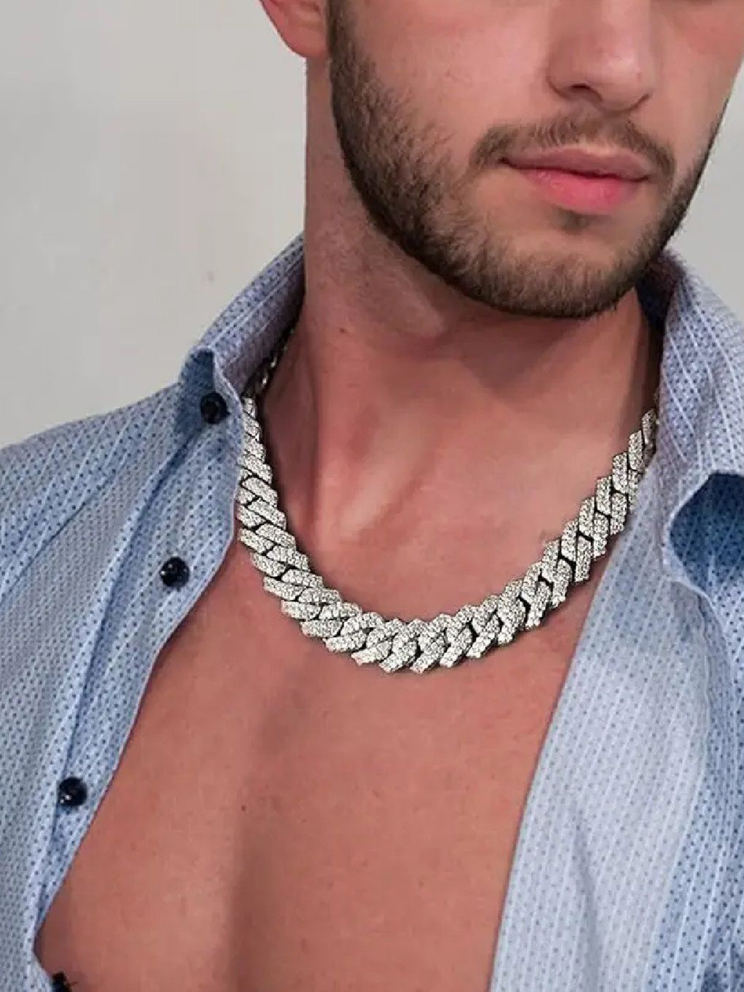 RUHI COLLECTION Unisex Silver-Plated Stainless Steel Cubic Zirconia Studded Mc Stan Chain