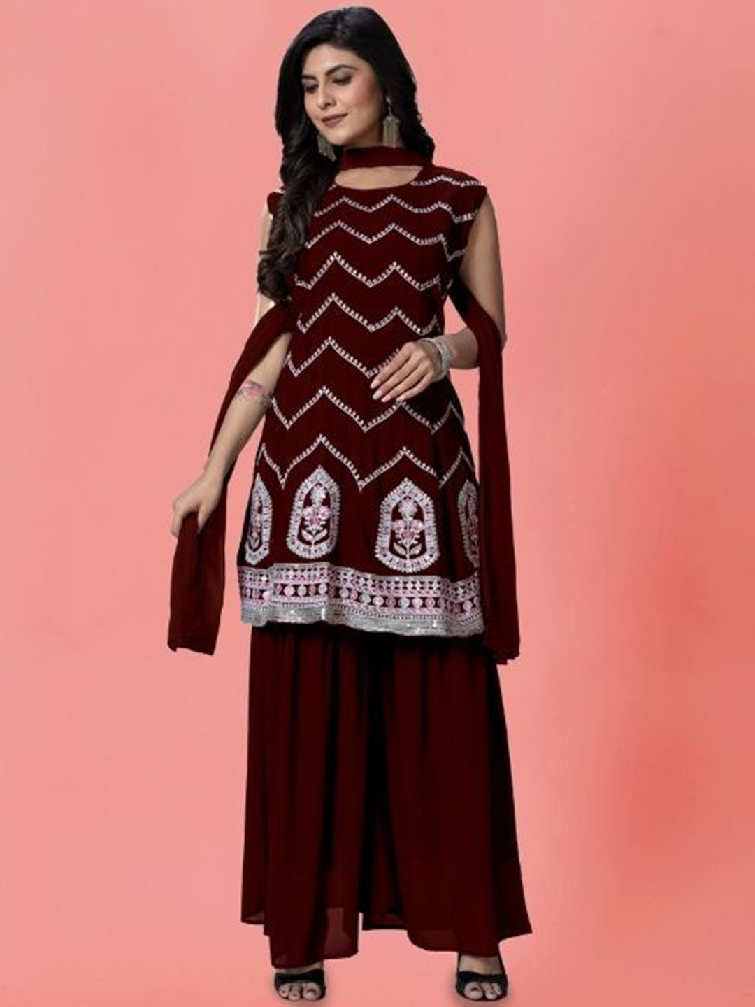 PARROT CREATION Chevron Embroidered Georgette A-Line Kurti With Palazzo And Dupatta