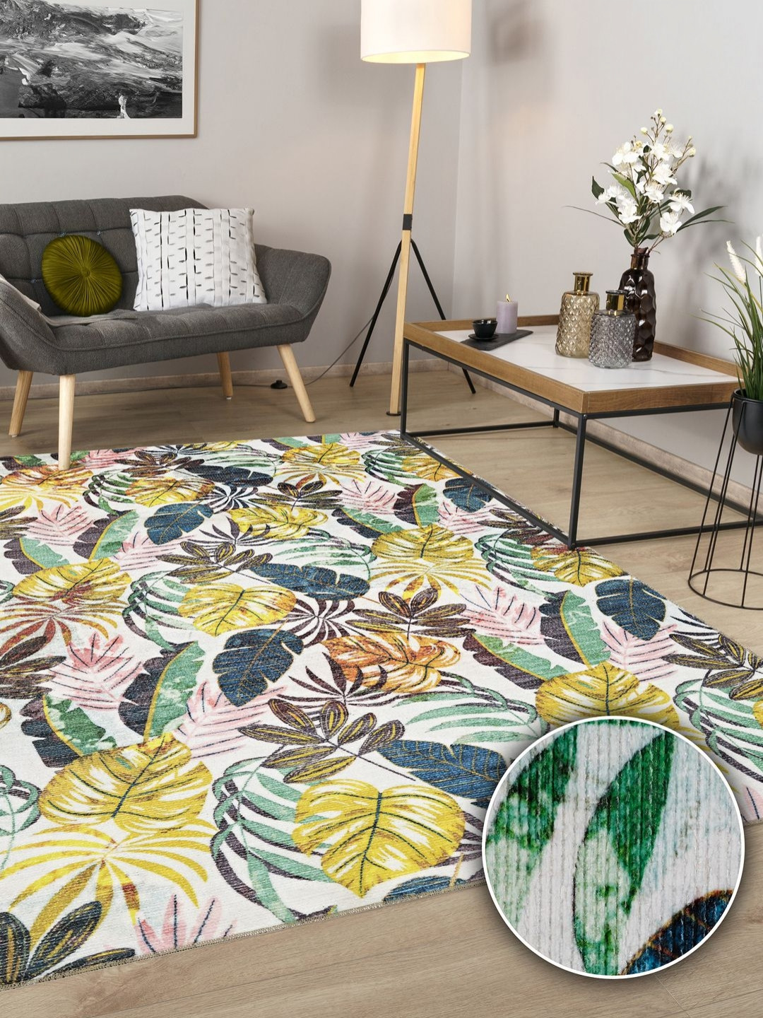 Kaleen India White & Yellow Floral Printed Rectangle Anti-Skid Carpet