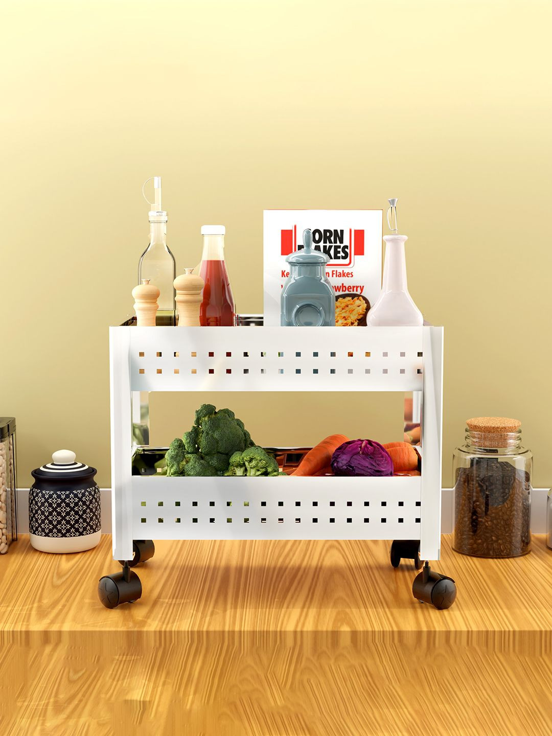 Kuber Industries Silver Toned Pack of 2 Textured 2 Tier Kitchen Trolleys With Wheels