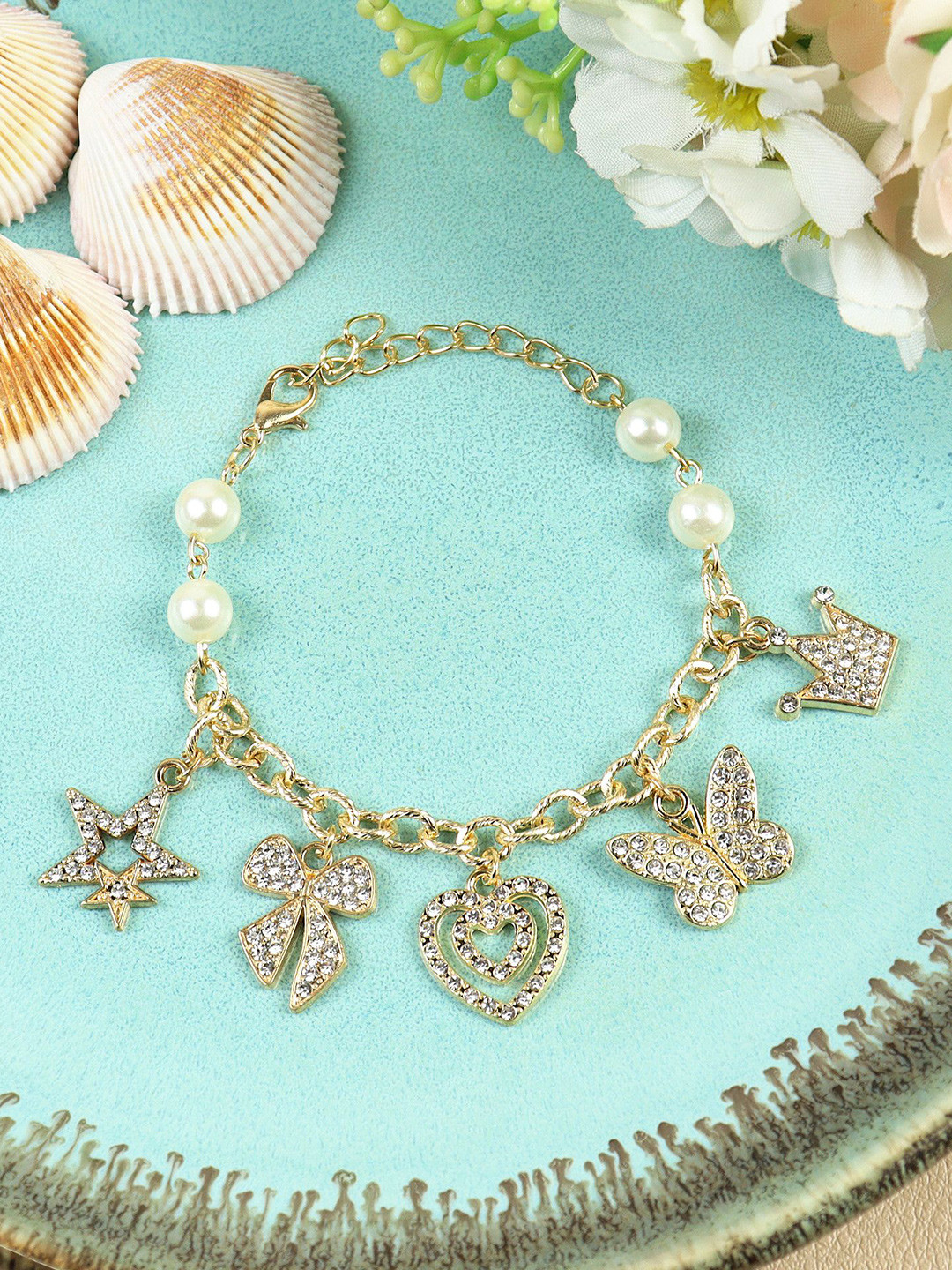 Asthetika Kids Girls American Diamond Studded Multicharm Chain Bracelet