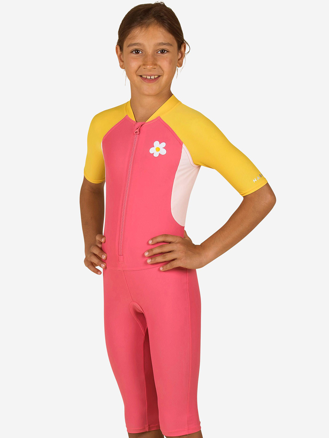 Decathlon Nabaiji Girls Pink & Yellow Front-Zip Swimsuit With Shorts