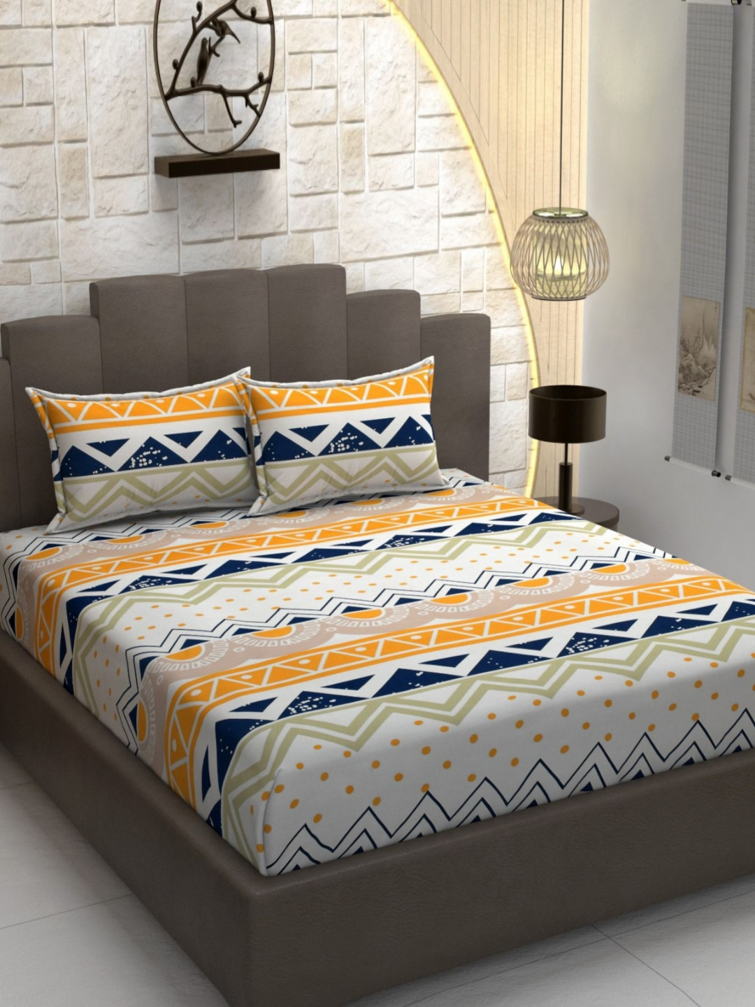Banchmark Home Furnishings Blue Geometric Cotton 200 TC Fitted King Fine Bedsheet with 2 Pillow Covers-72 x 78 inches