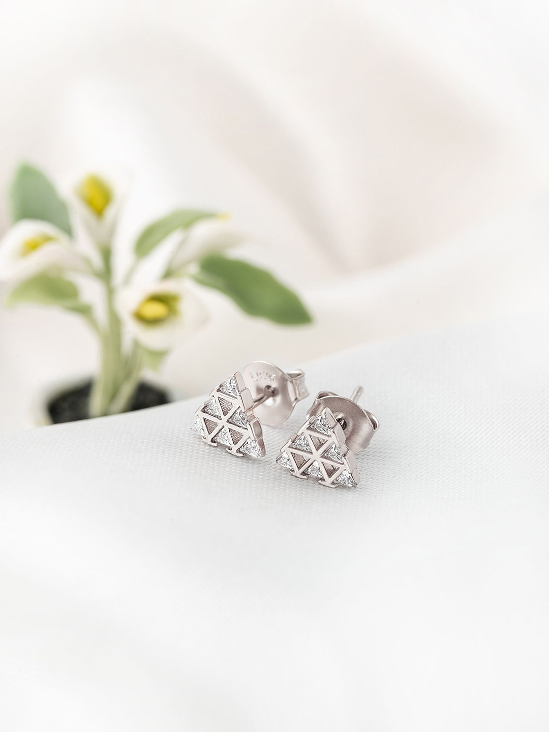 SILBERRY 925 Sterling Silver Rhodium-Plated CZ Studded Triangular Spark Studs