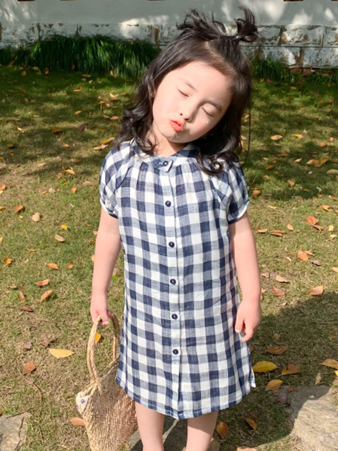 LULU & SKY Girls Checked Button-up Cotton Shift Dress