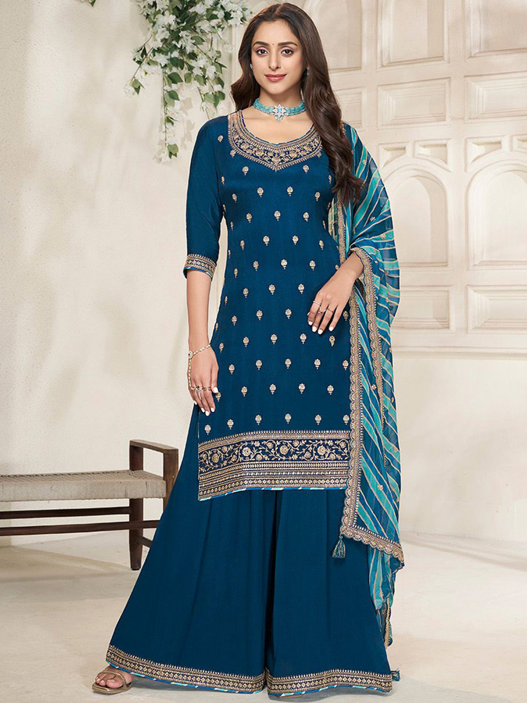 Seerat Floral Embroidered Sweetheart Neck Sequinned Kurta With Sharara & Dupatta