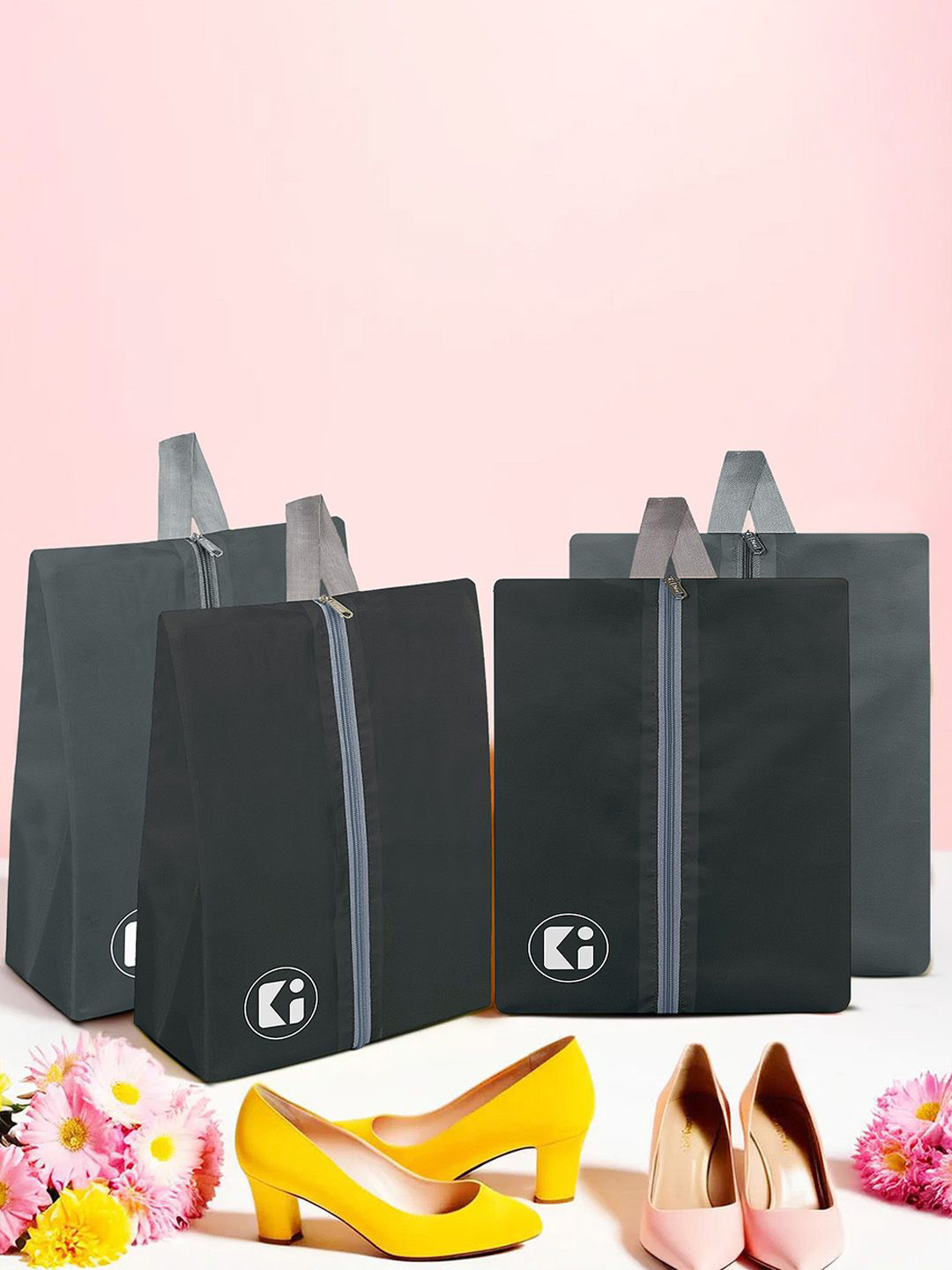 Kuber Industries Black Pack of 4 Printed Water Resistant Parachute Shoes Travel Organizer