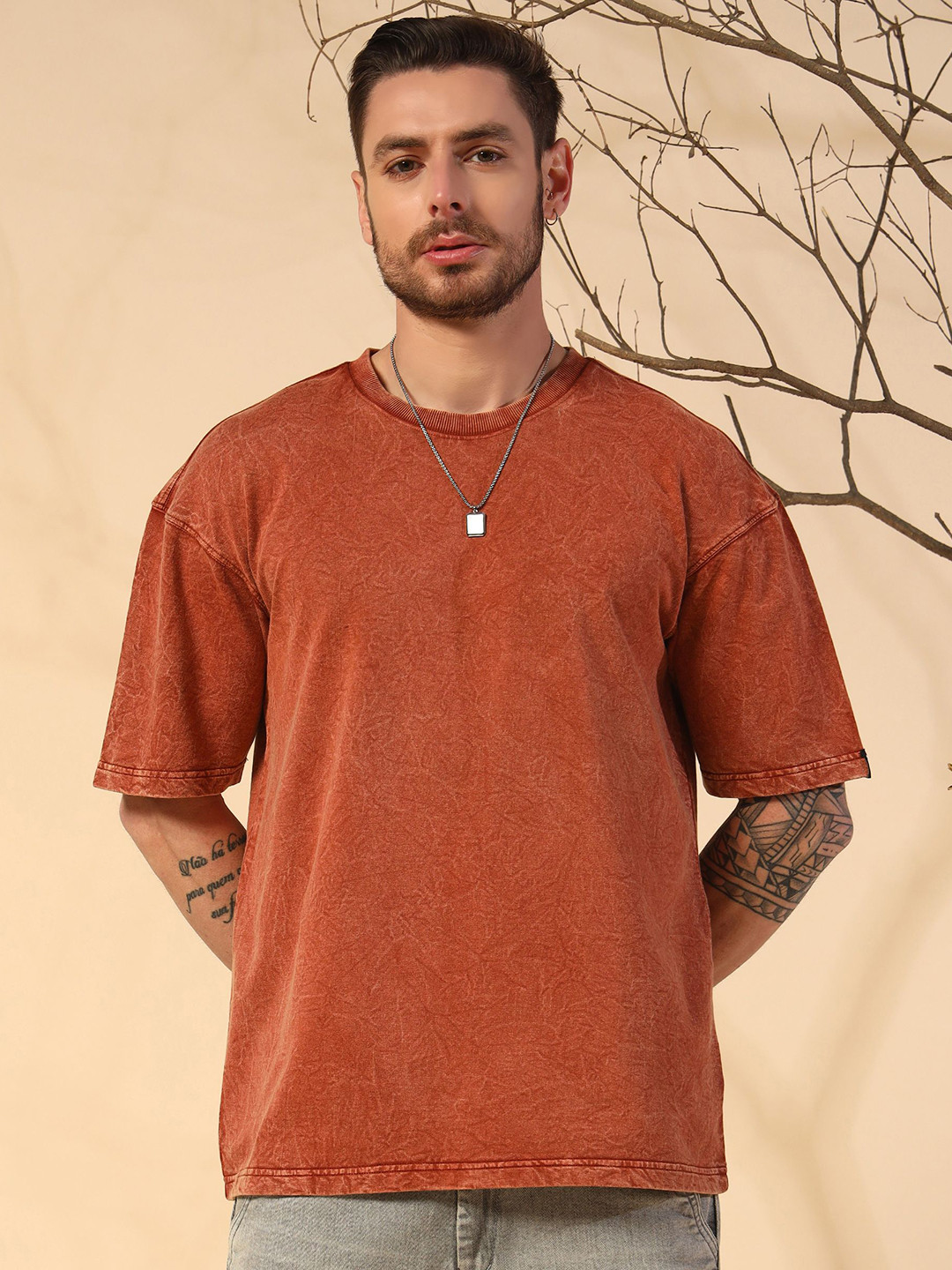 PockMAN Men Bio Finish Washed Effect Dyed Round Neck Cotton Oversized T-shirt