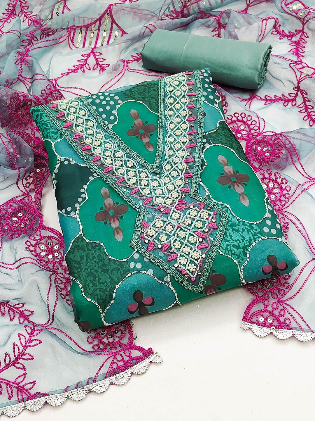 SAINOOR Embroidered Organza Semi-Stitched Dress Material