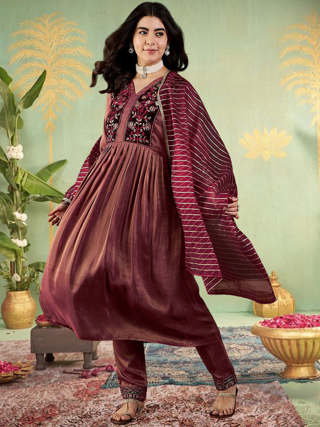 Sangria Floral Embroidered Pleated Sequinned V-Neck Anarkali Kurta With Trouser & Duputta