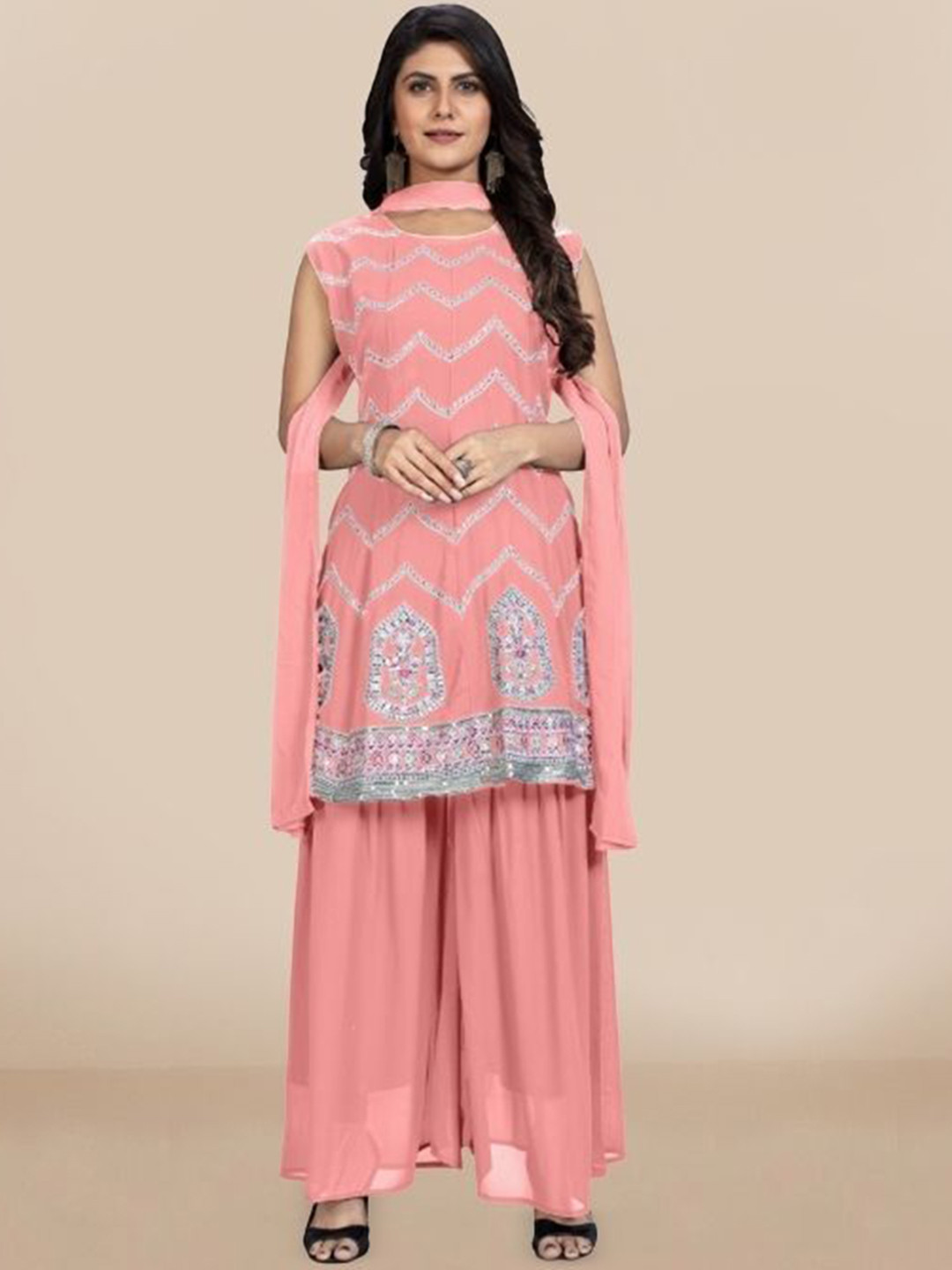 PARROT CREATION Chevron Embroidered Georgette A-Line Kurti With Palazzo And Dupatta