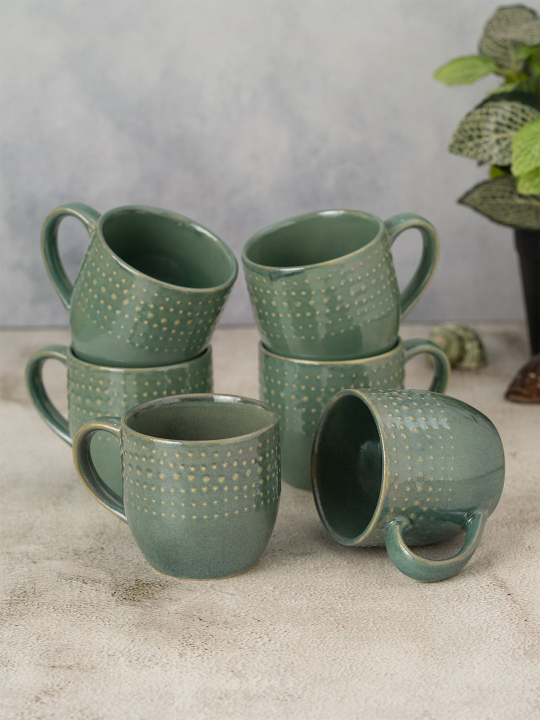 CLAY CRAFT I Am Sorry Green Textured Ceramic Microwave Safe 6 Piece Mugs-200ml