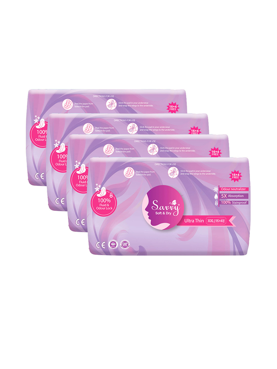 Savvy Set Of 4 Ultra Thin Ultimate Protection Cotton Sanitary Napkins XXL - 20 Pads Each