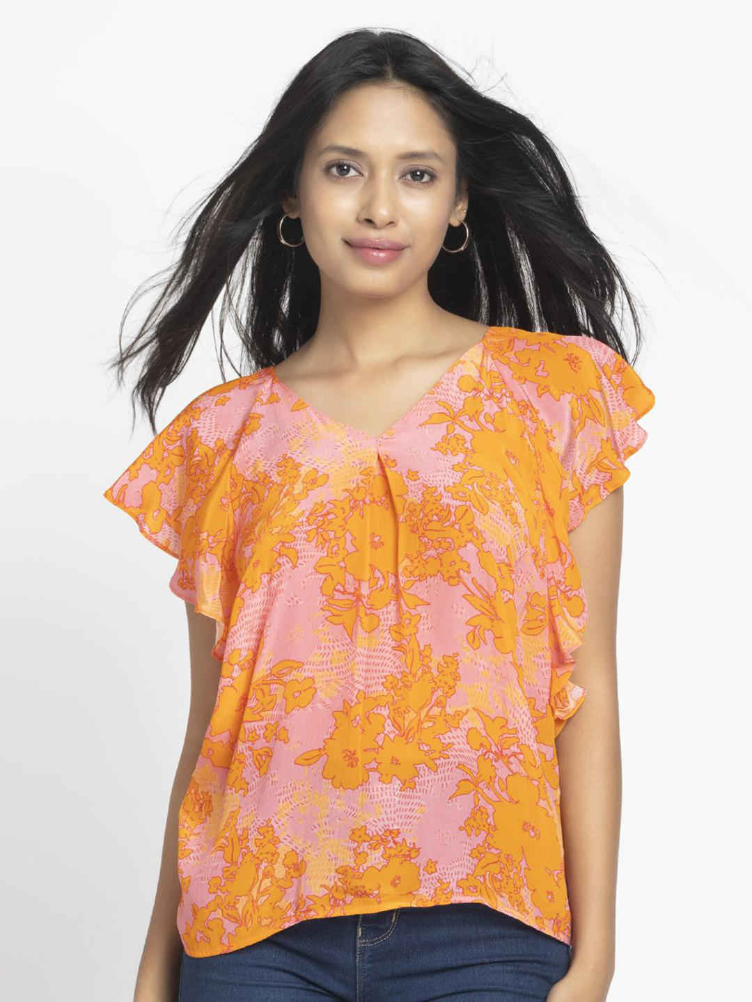 SHAYE Orange V-Neck Floral Print Short Sleeves Casual Tops For Women