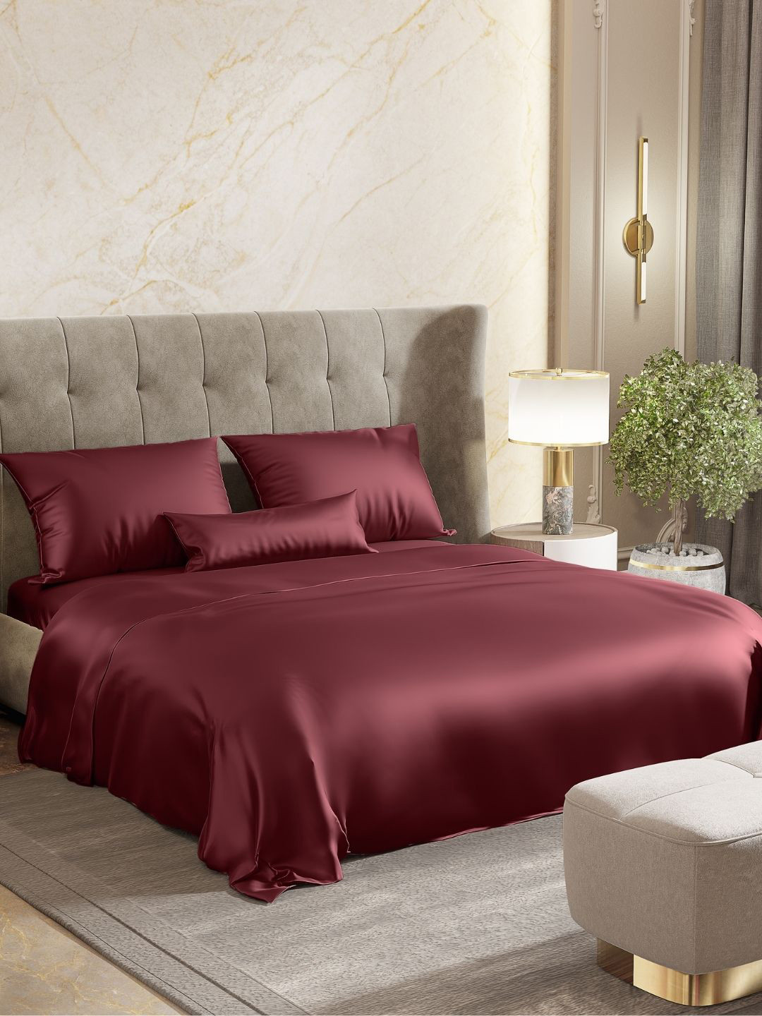 haus & kinder Artemis Itanian Jacquard Maroon Solid Poly Satin 300 TC King Fine Bedsheet with 2 Pillow Covers-274 x 228 cm